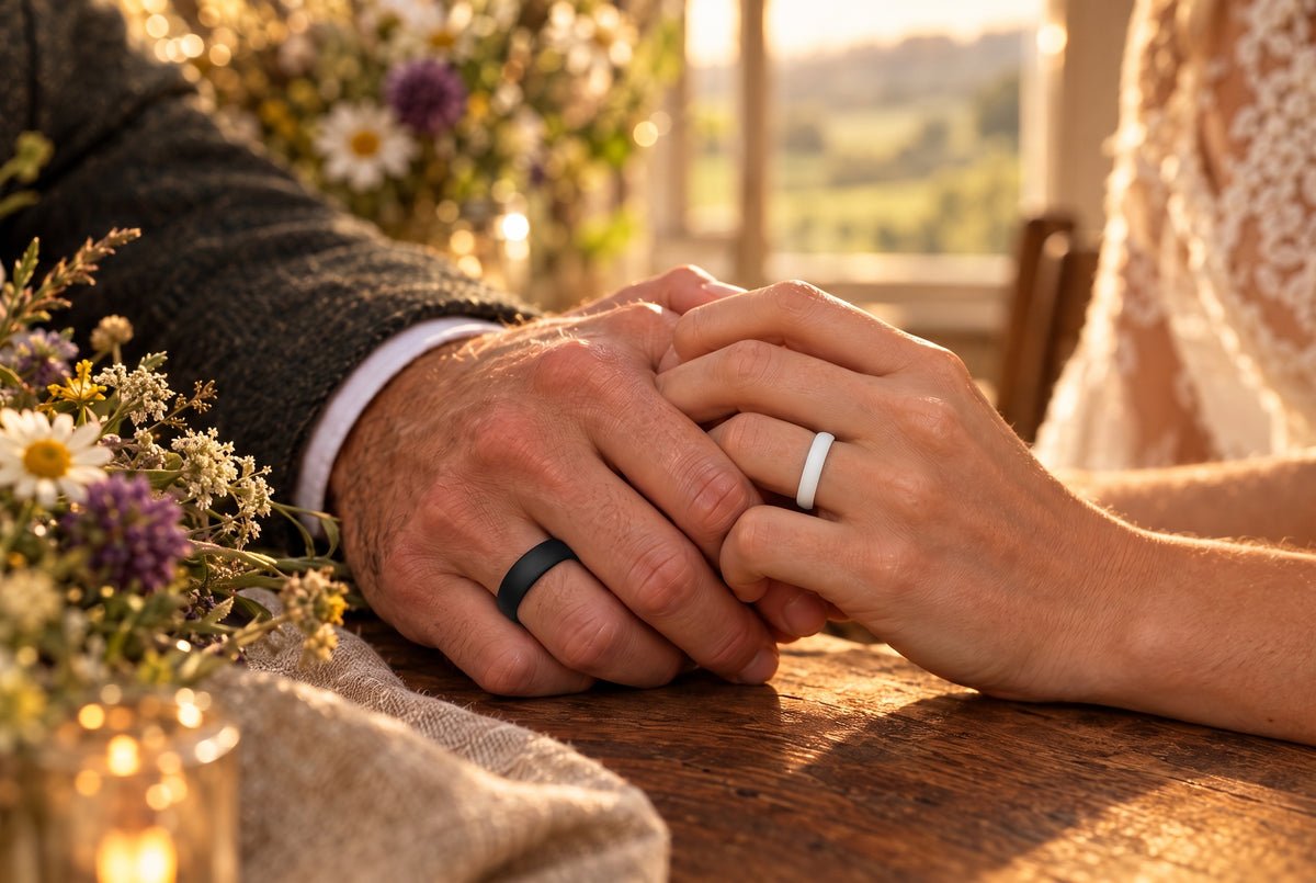 Couple's hands at a wedding wearing black and white botthms silicone rings
