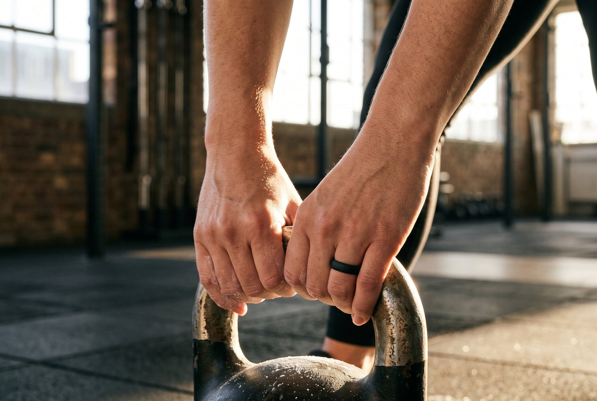 Black botthms women's silicone ring on hands gripping a kettlebell at dawn