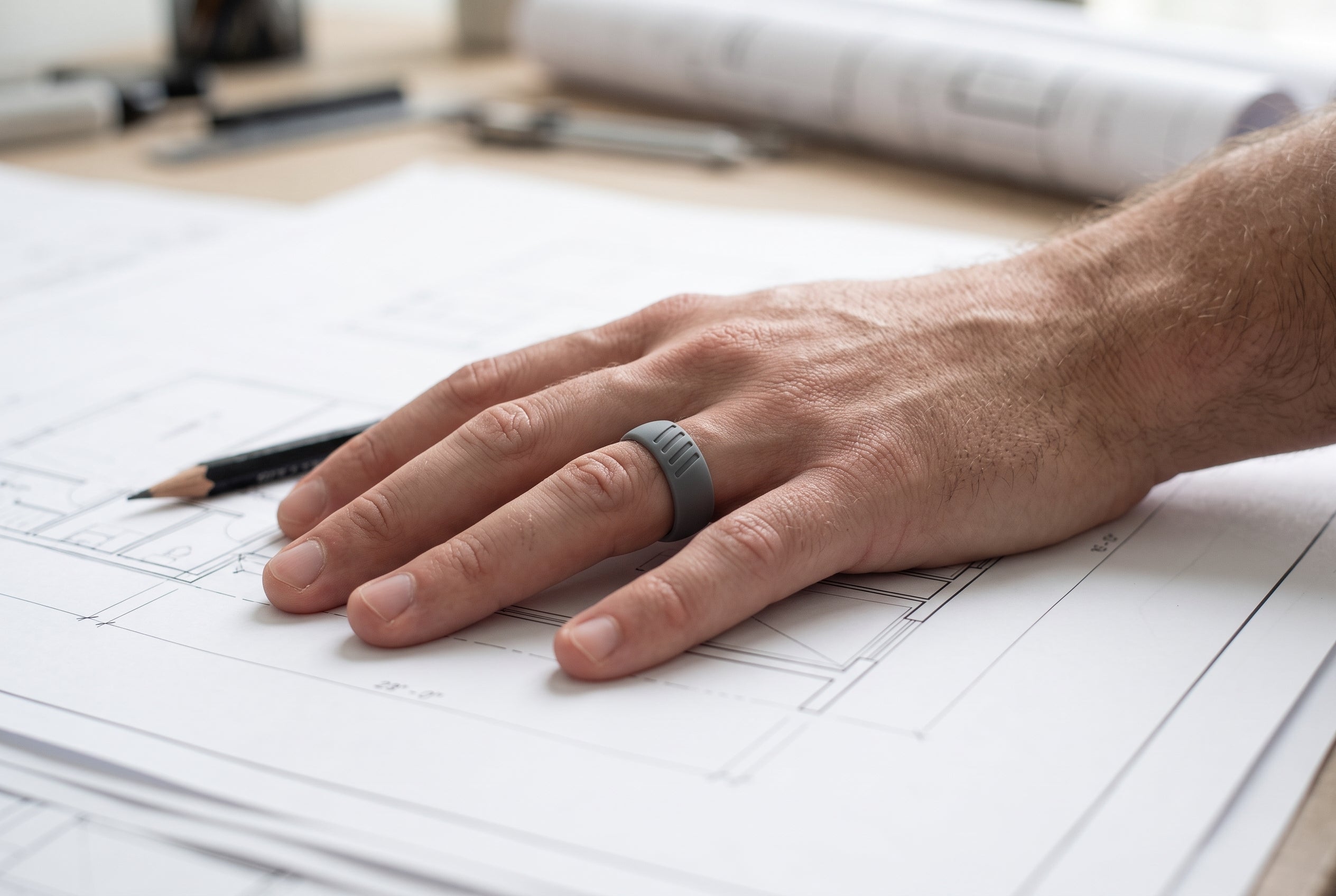 Charcoal men's silicone ring with moulded stripes worn on architectural drawings in a design studio