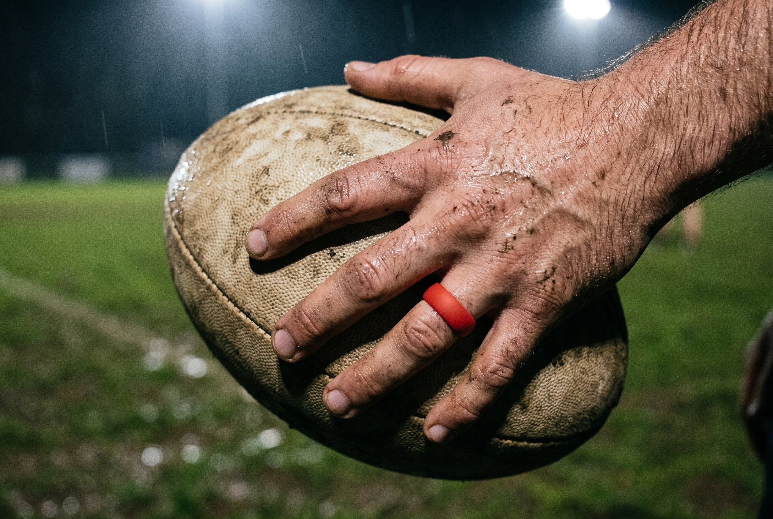 Red men's silicone ring worn on a muddy hand holding a rugby ball under floodlights