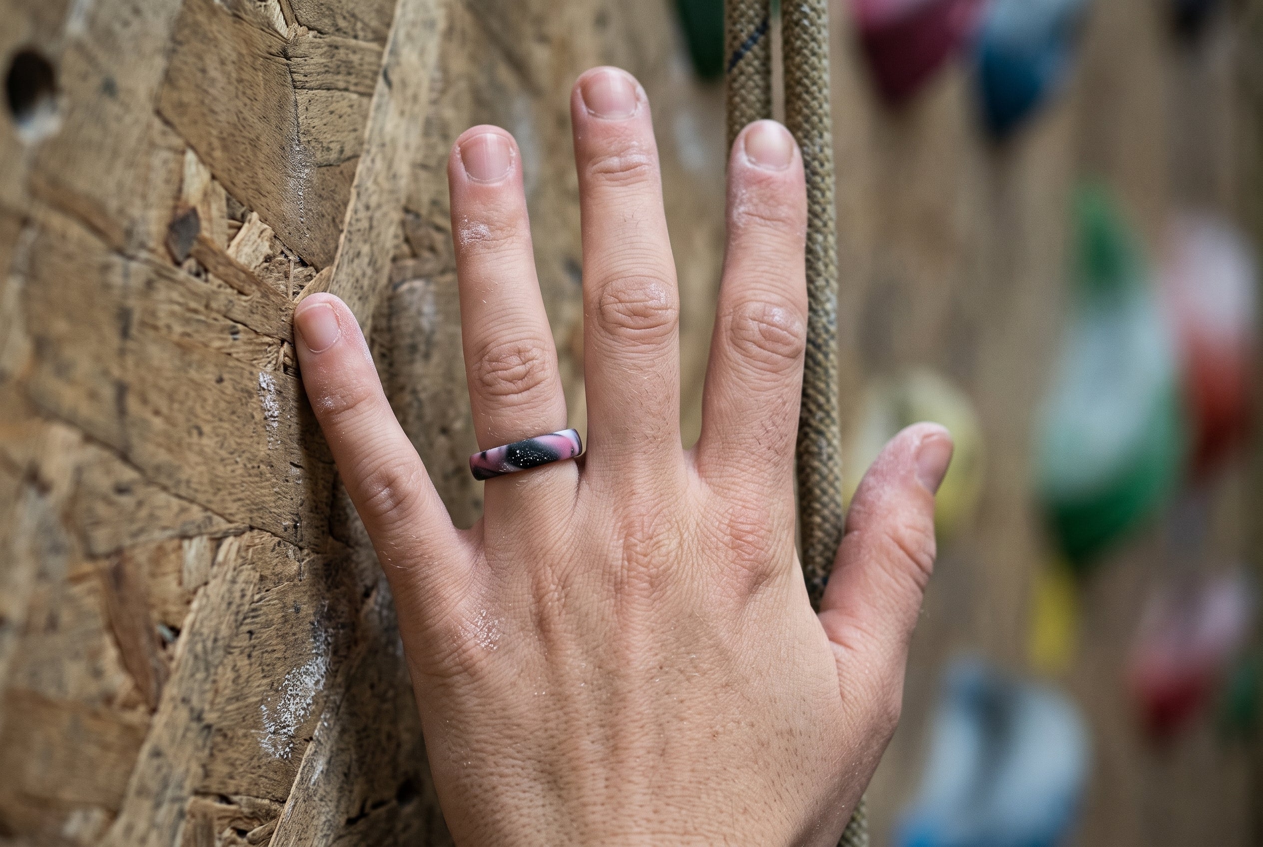 Pink and black swirl women's silicone ring worn on a chalked hand at an indoor climbing wall