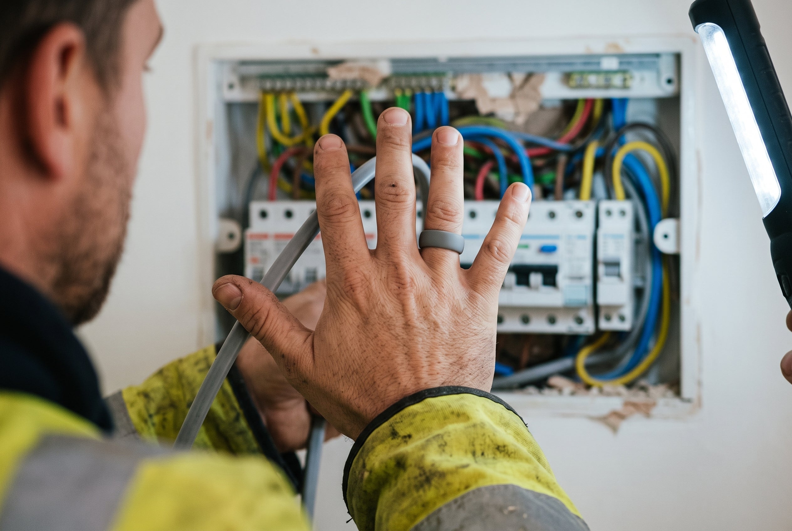 Charcoal men's silicone ring worn by an electrician working at a domestic fuse board