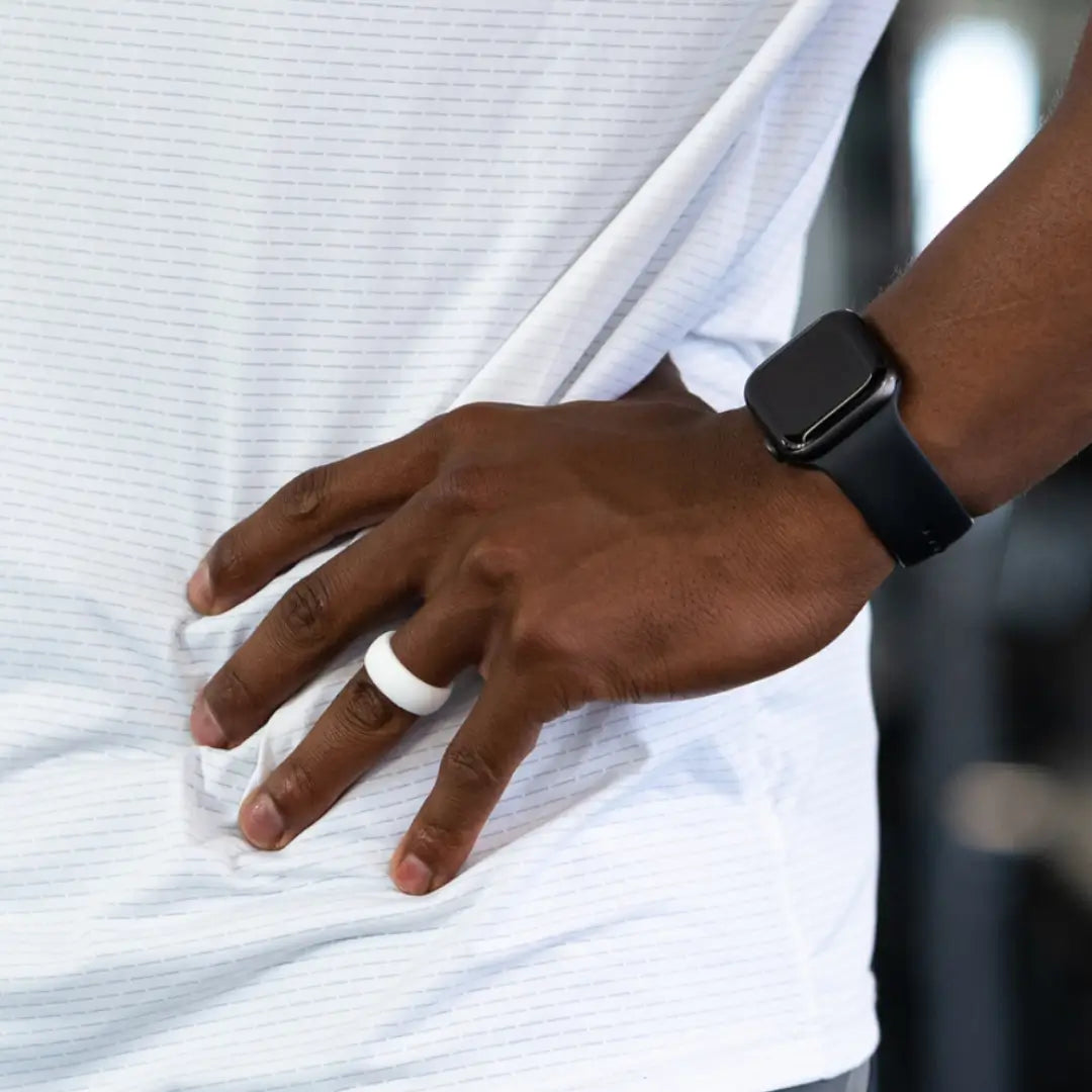 man wearing botthms white silicone ring
