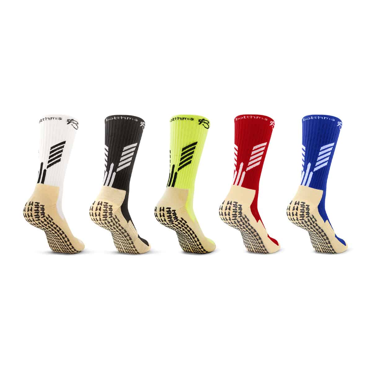 botthms grip socks combo pack back side - white, black, neon yellow, red and blue