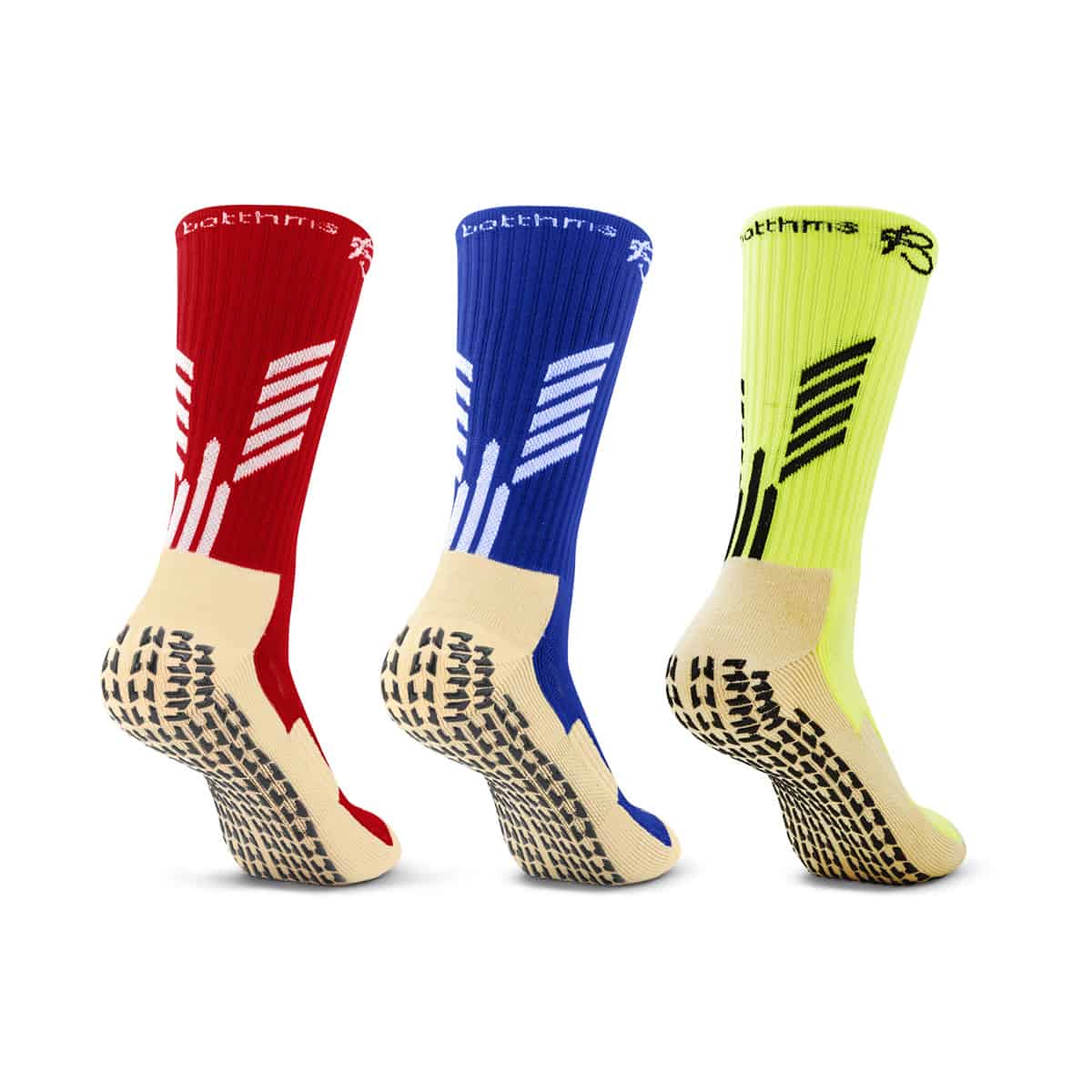 botthms grip socks combo pack back side - red, blue and neon yellow