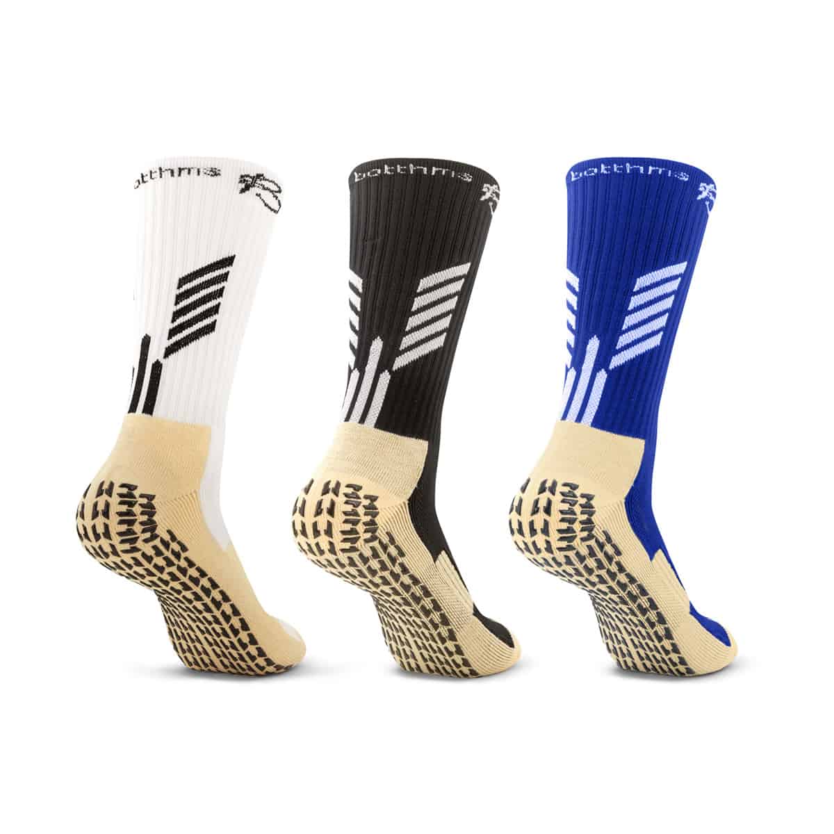 botthms grip socks combo pack back side - white, black and blue