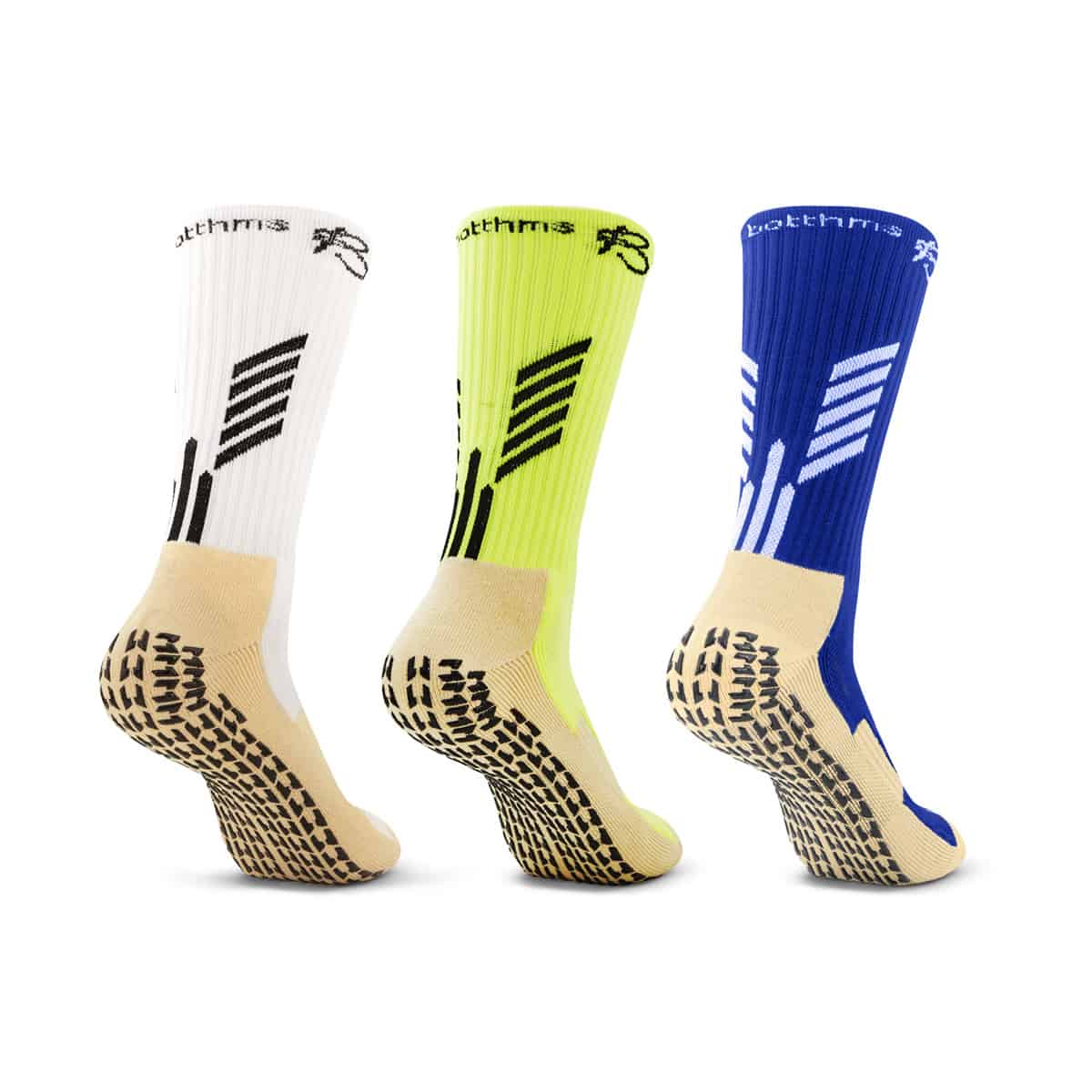botthms grip socks combo pack back side - white, neon yellow and blue