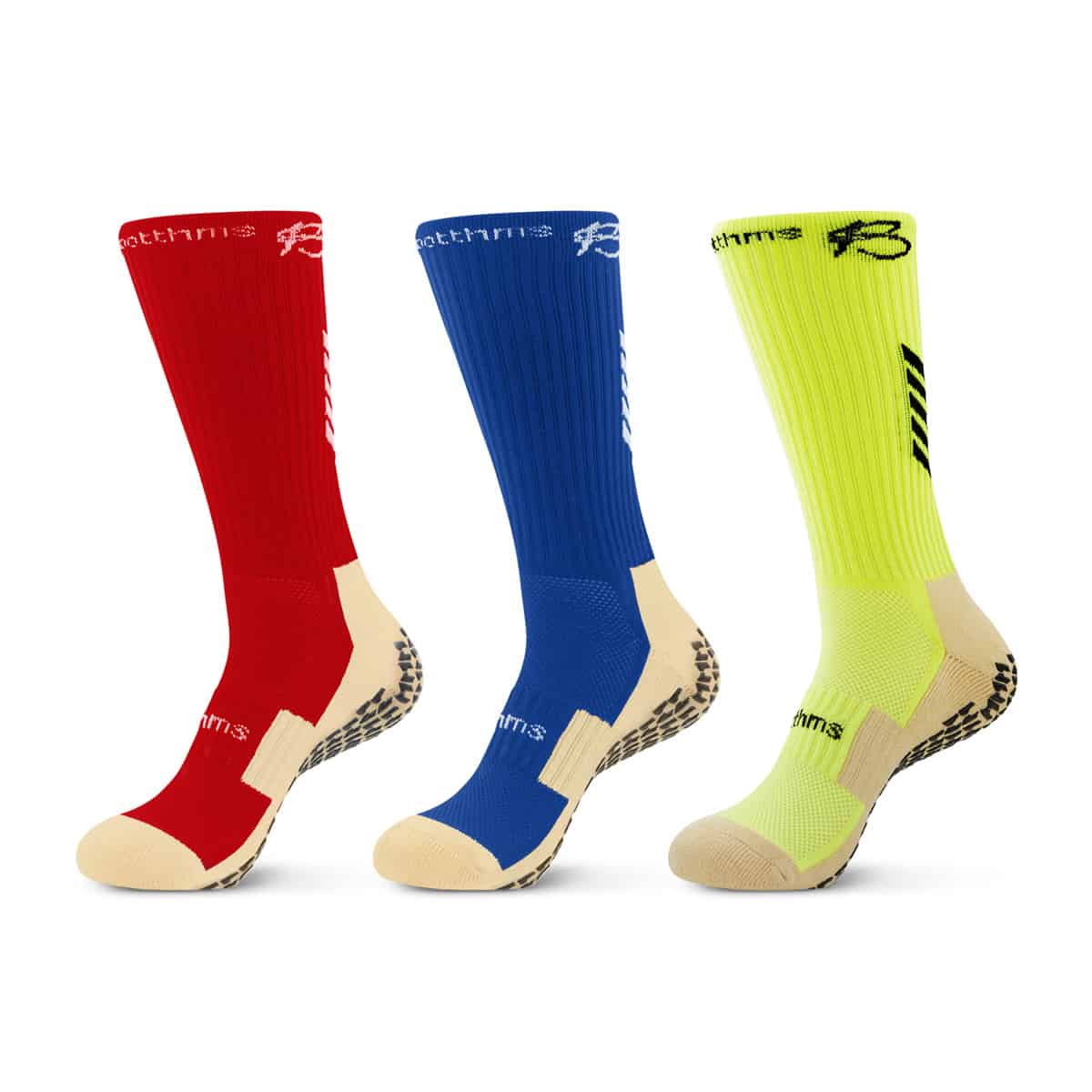 botthms grip socks combo pack front side - red, blue and neon yellow