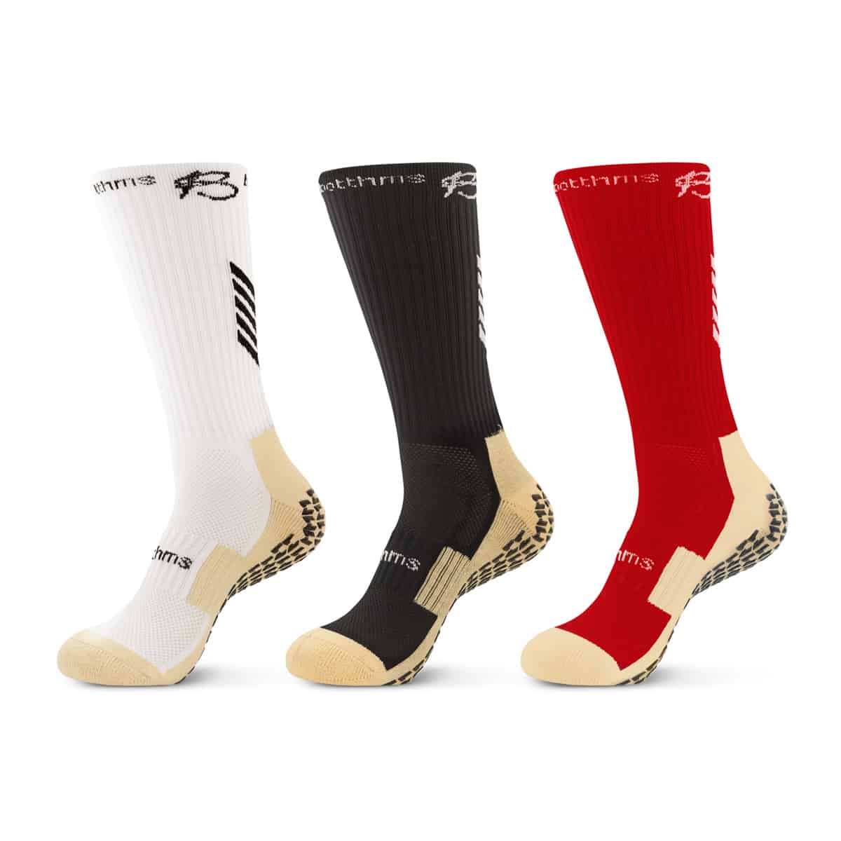botthms grip socks combo pack front side - white, black and red