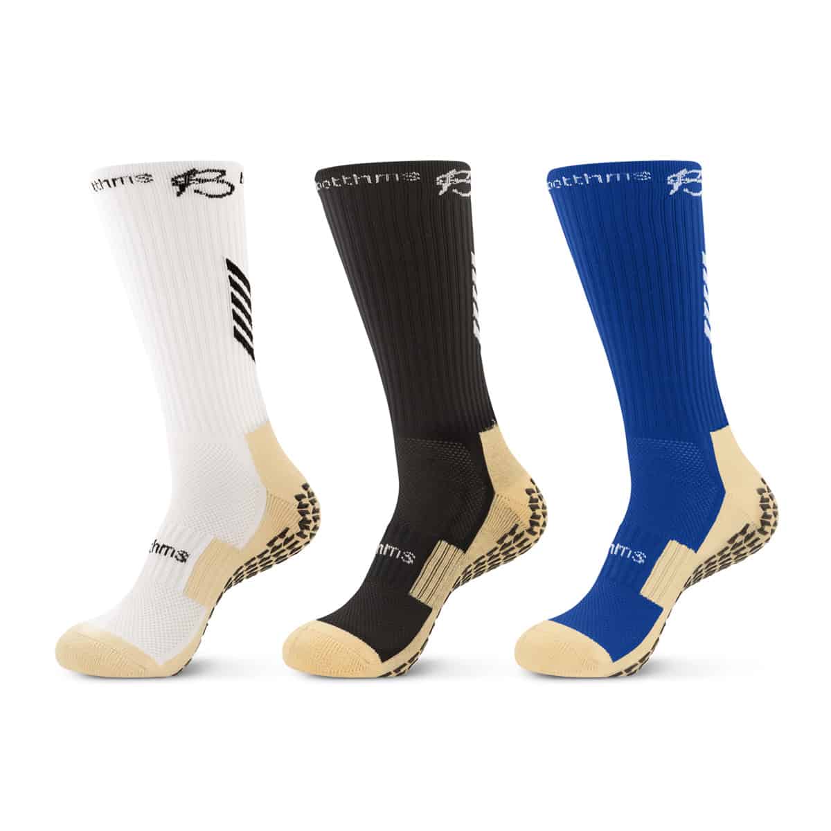 botthms grip socks combo pack front side - white, black and blue