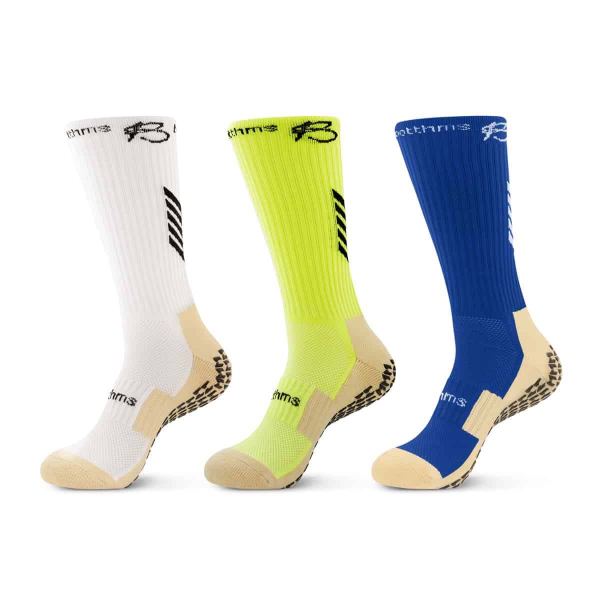 botthms grip socks combo pack front side - white, neon yellow and blue