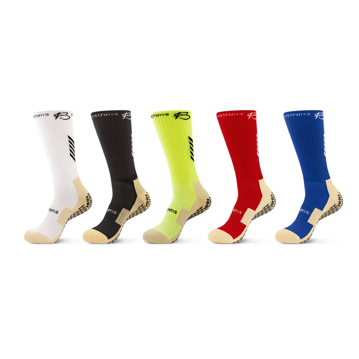botthms grip socks combo pack front side - white, black, neon yellow, red and blue