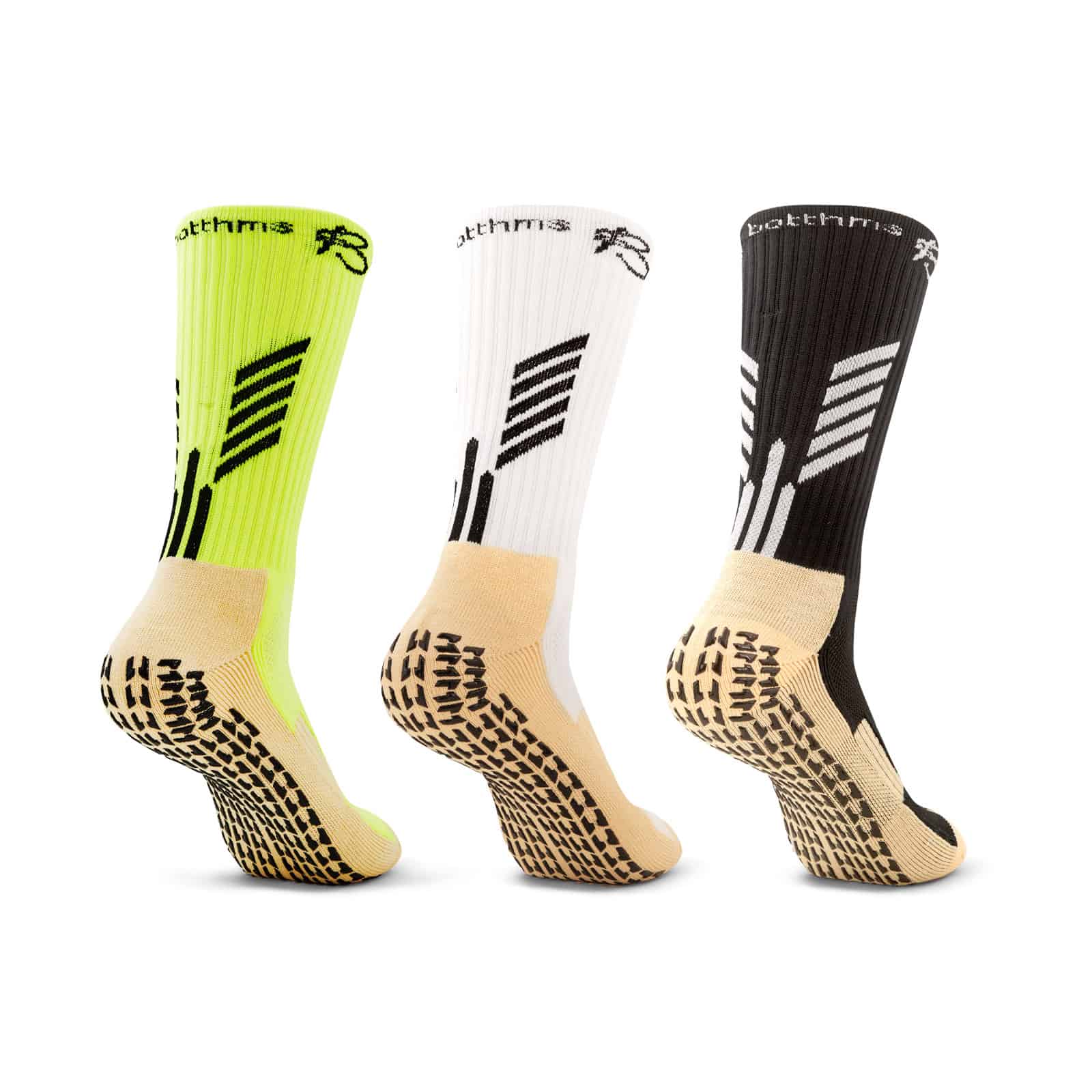 botthms grip socks combo pack rear view - neon yello, white and black