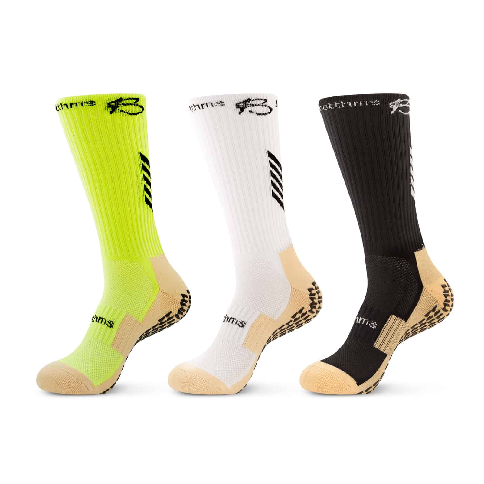 botthms grip socks combo pack front view - neon yello, white and black