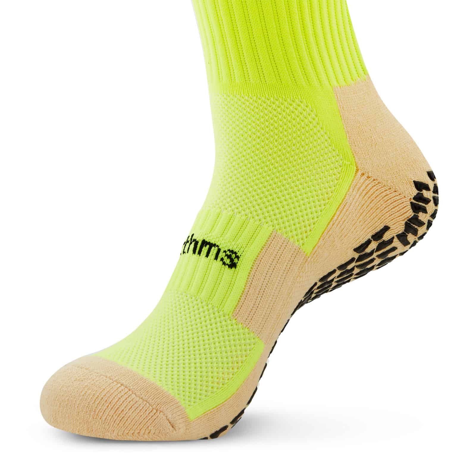 botthms neon yellow grip socks front toe view