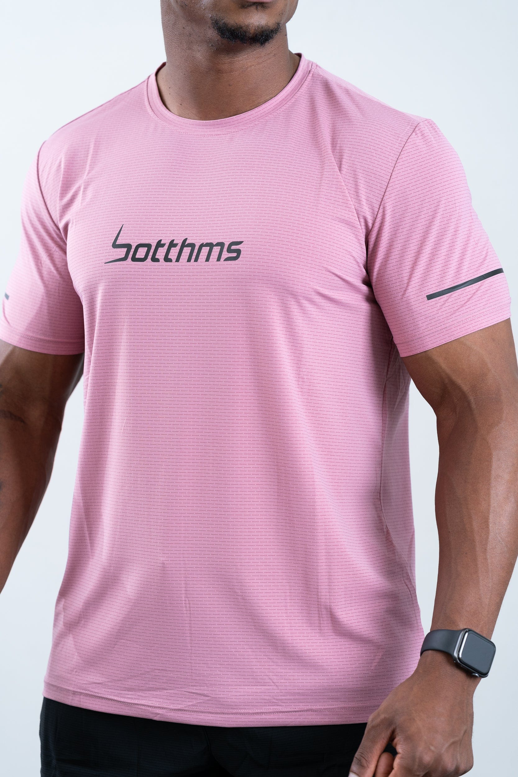 athlete wearing botthms pink sport t-shirt- front view